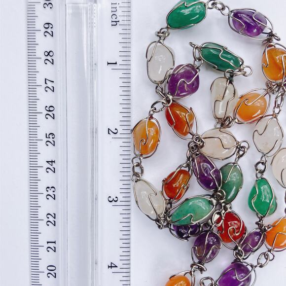 VTG Mid Century Gemstone Necklace Earring Set Screwback Multicolor Wire Wrapped - Picture 6 of 9